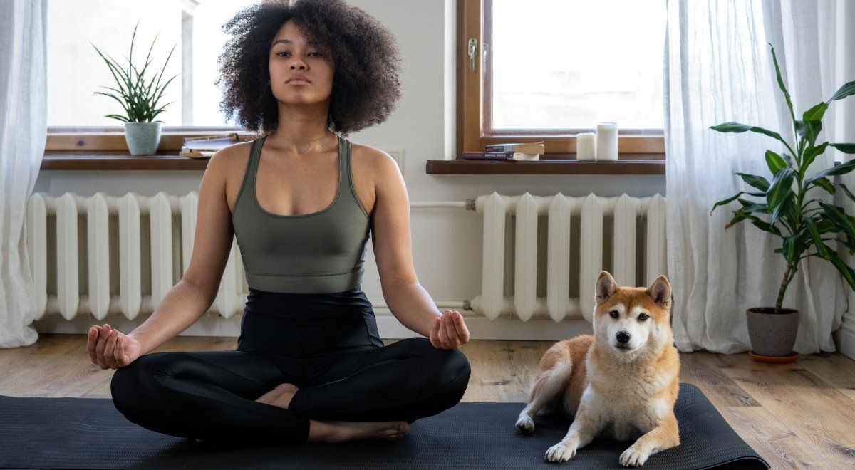 Phụ nữ tập yoga bên cạnh chú chó