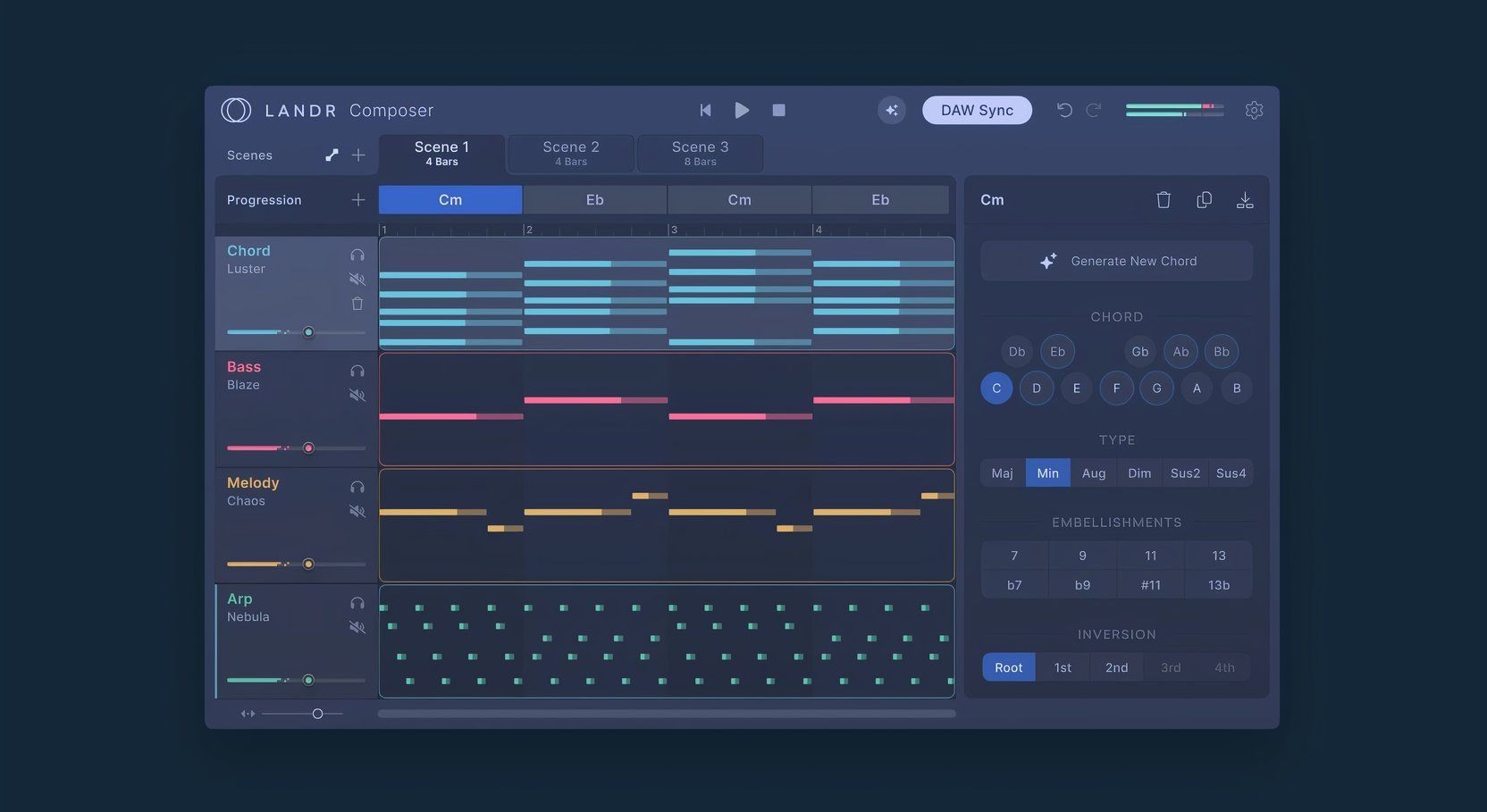 Plugin LANDR Composer hiển thị các yếu tố bài hát khác nhau.