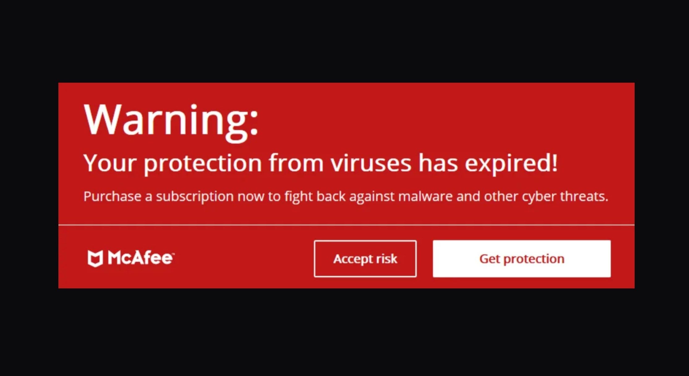 Pop-up giả mạo thông báo hết hạn gói dịch vụ McAfee