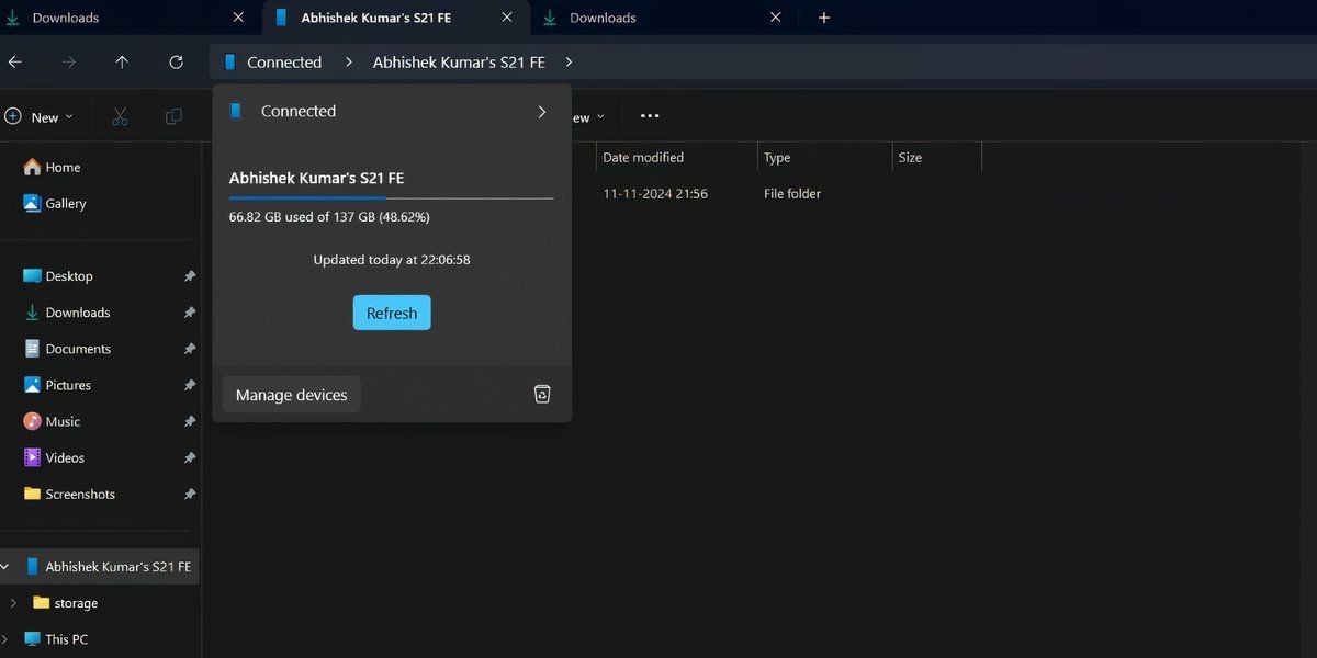 Popup trạng thái kết nối điện thoại di động trong File Explorer Windows 11