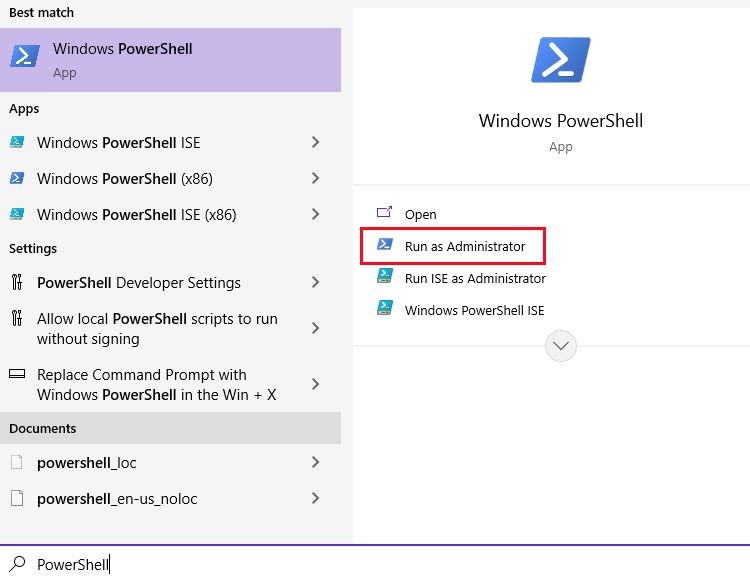 PowerShell trong tìm kiếm Windows
