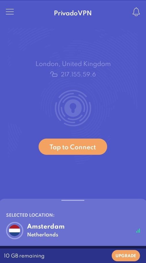PrivadoVPN app homepage screenshot