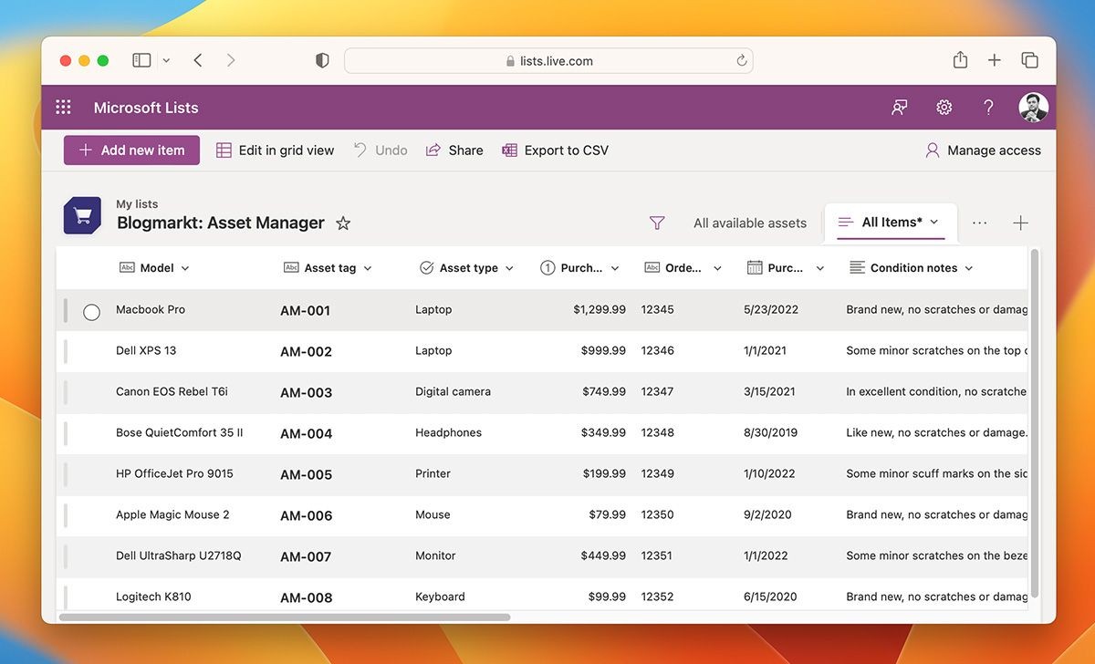 Quản lý tài sản bằng Microsoft Lists