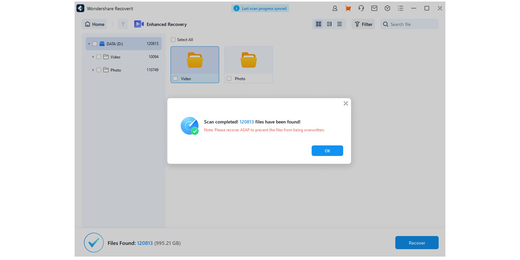 Quét hoàn thành trên giao diện phục hồi video và ảnh nâng cao của Wondershare Recoverit