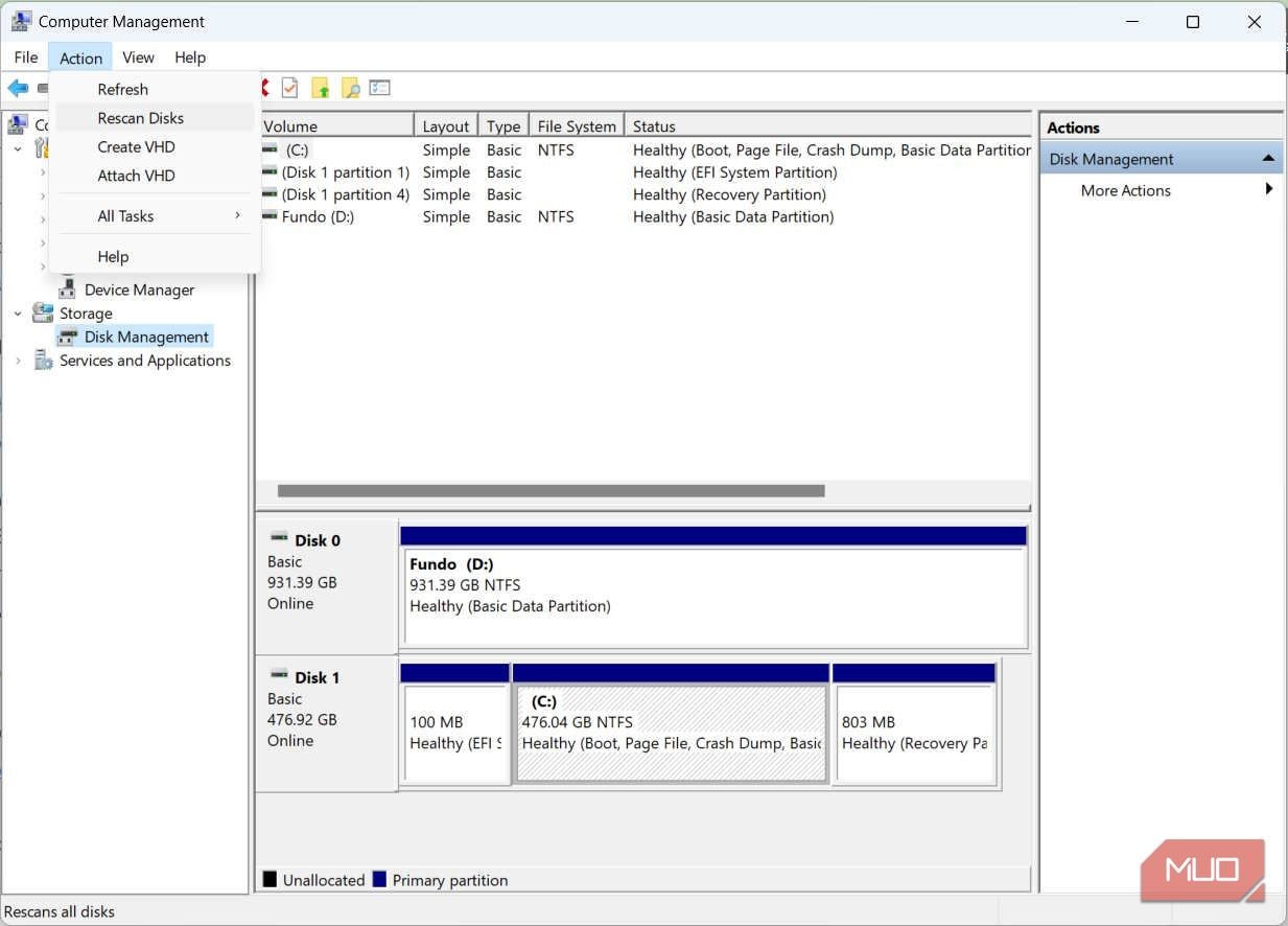 Quét lại đĩa trong Computer Management trên Windows