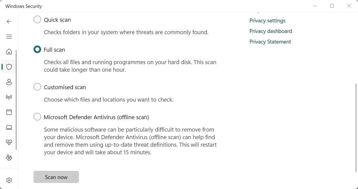 Quét toàn bộ trong Windows Security
