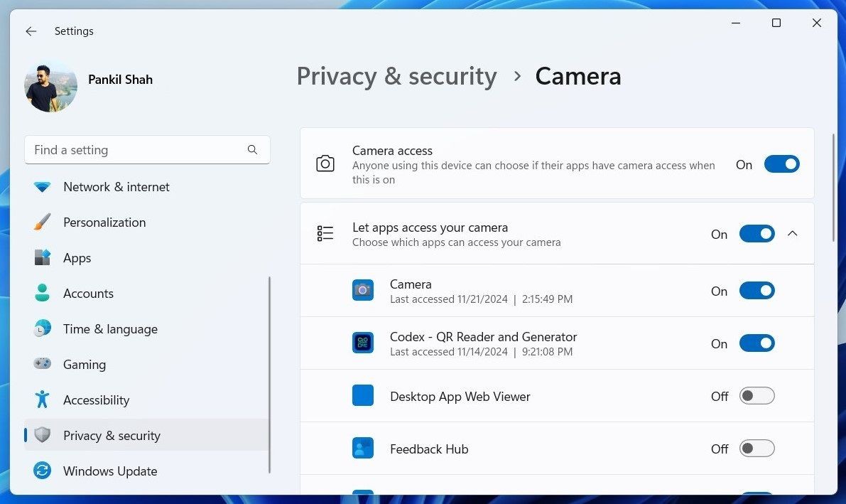 Quyền truy cập camera cho ứng dụng trong menu Cài đặt Windows 11