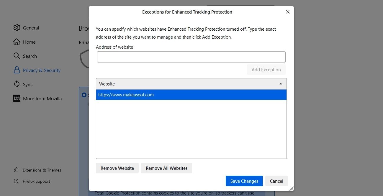 Remove Website option in Firefox