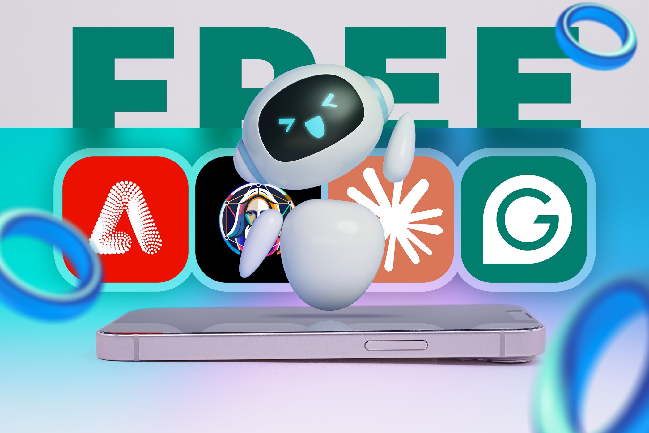 Robot AI vui vẻ trên màn hình điện thoại, với các biểu tượng của một số ứng dụng AI ở phía sau