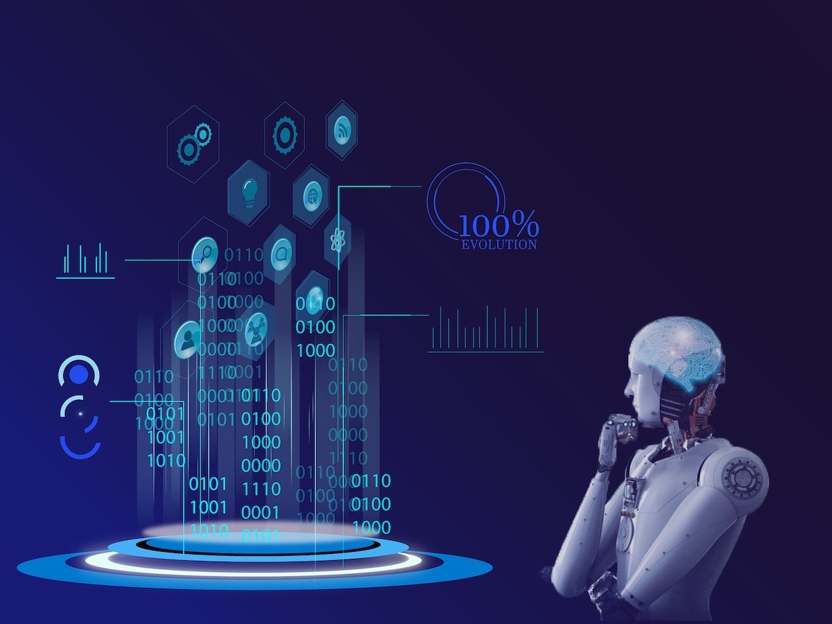 Robot đang suy nghĩ về một tập dữ liệu - Hình ảnh khái niệm về Học Máy