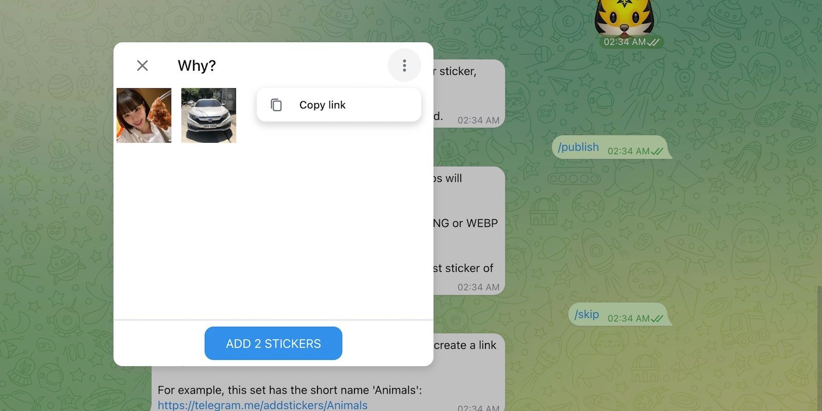 Sao chép liên kết của gói sticker tùy chỉnh trên Telegram với hai hình ảnh