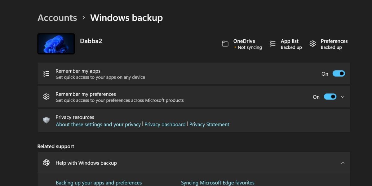 Sao lưu ứng dụng và tùy chọn vào tài khoản Microsoft