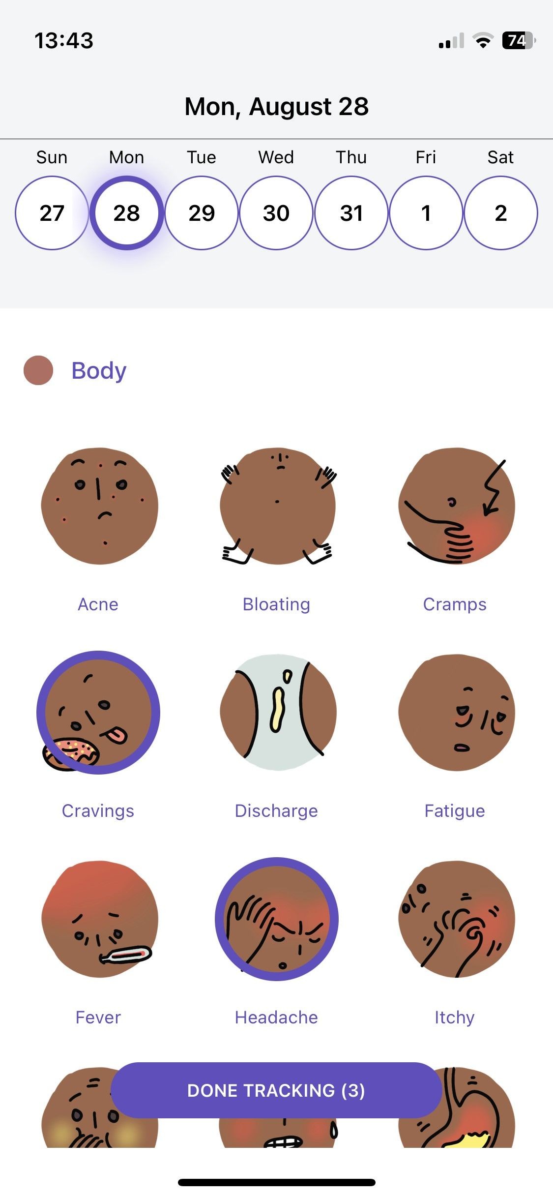 Screenshot of Euki - tracking body symptoms