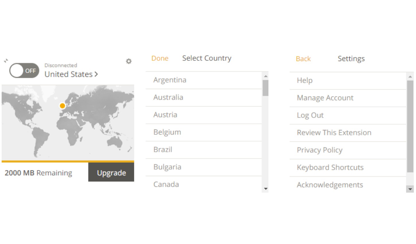 Screenshot of TunnelBear Chrome extension main pages