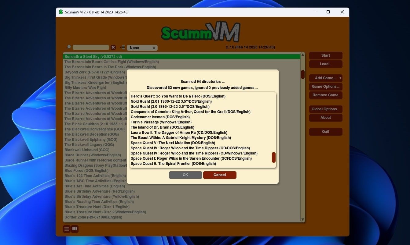 ScummVM quét thư mục tìm game