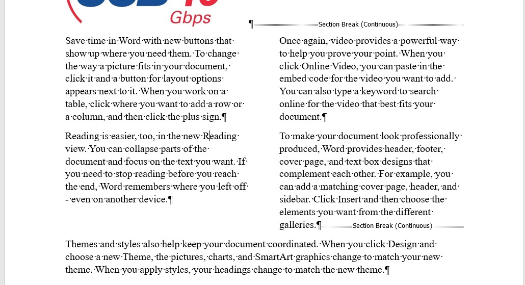 Section breaks hiển thị trong Microsoft Word