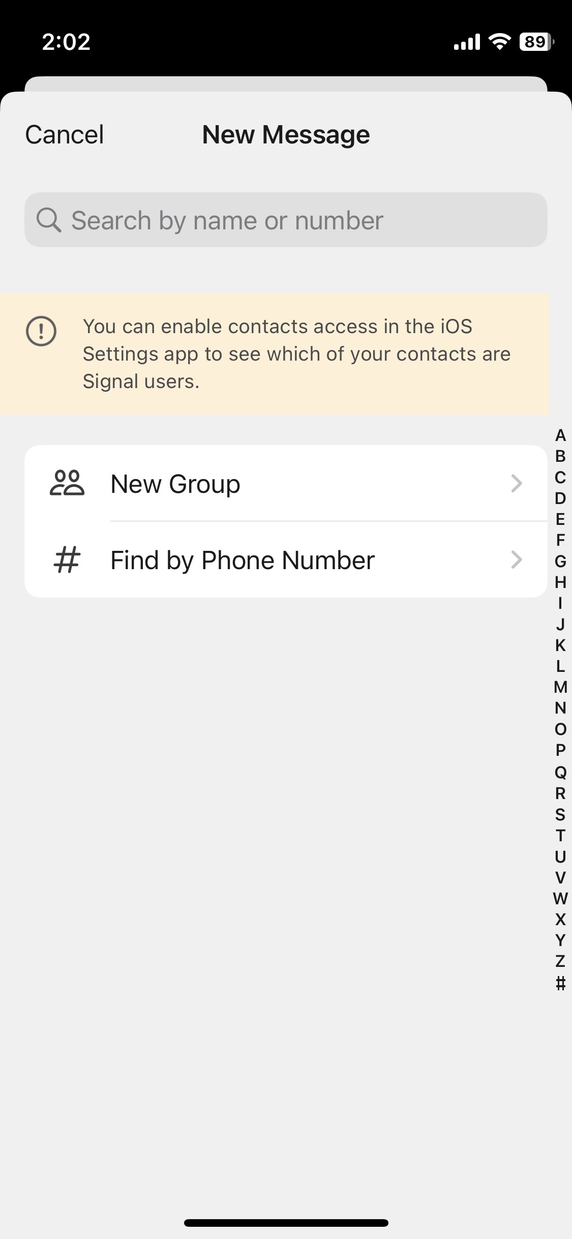 Signal app hiển thị màn hình Tin nhắn mới