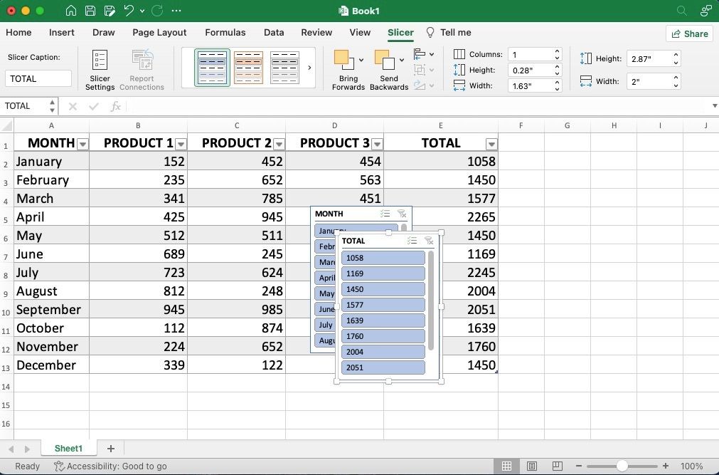 Slicer Tháng và Tổng số đã được chèn vào Excel