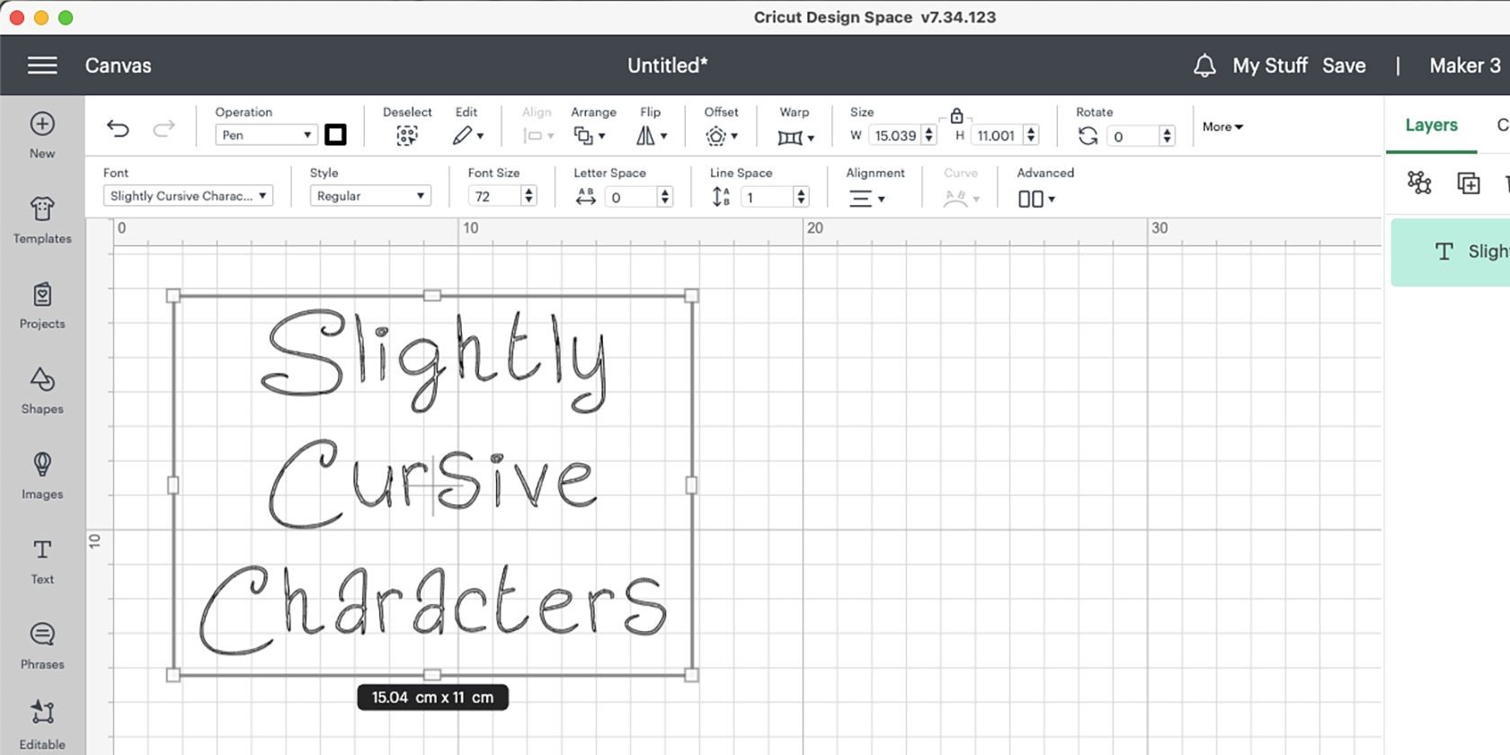 Slightly Cursive Characters font written in Cricut Design Space