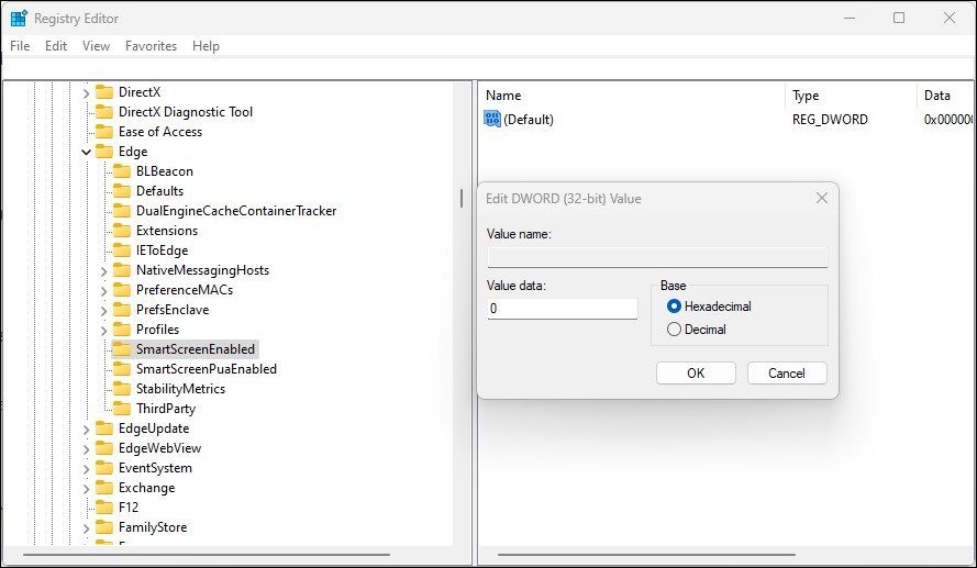 SmartScreen cho Edge bị vô hiệu hóa trong Registry Editor