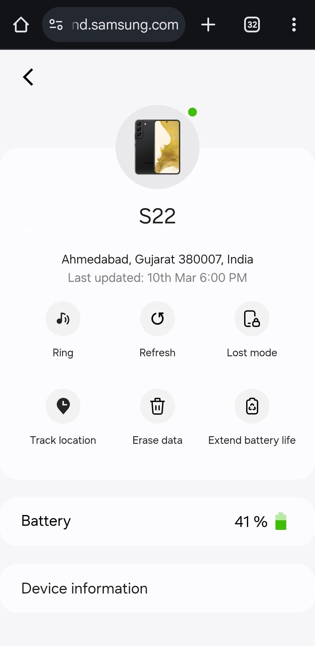 SmartThings Find của Samsung hiển thị các tùy chọn trong trình duyệt Android