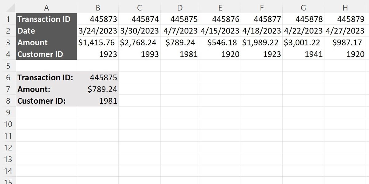 Sổ cái bán hàng cơ bản trong Excel với truy vấn dựa trên số giao dịch