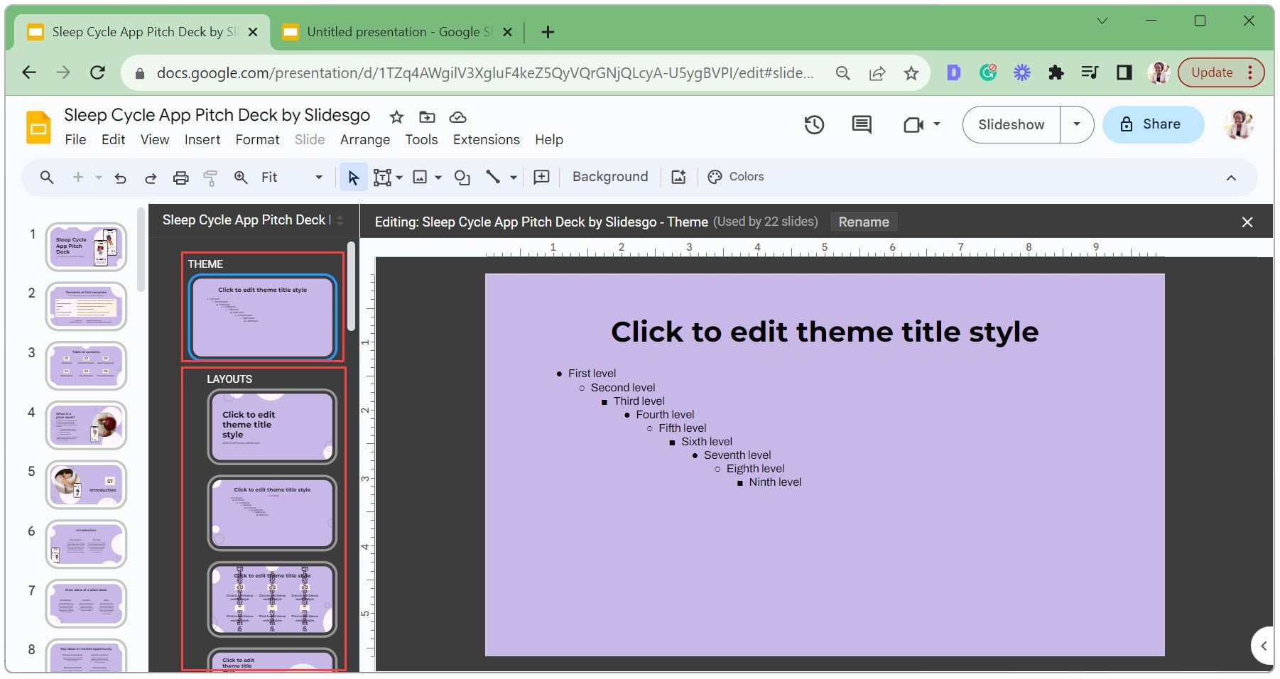 So sánh giữa Theme và Layouts trong trình chỉnh sửa chủ đề Google Slides