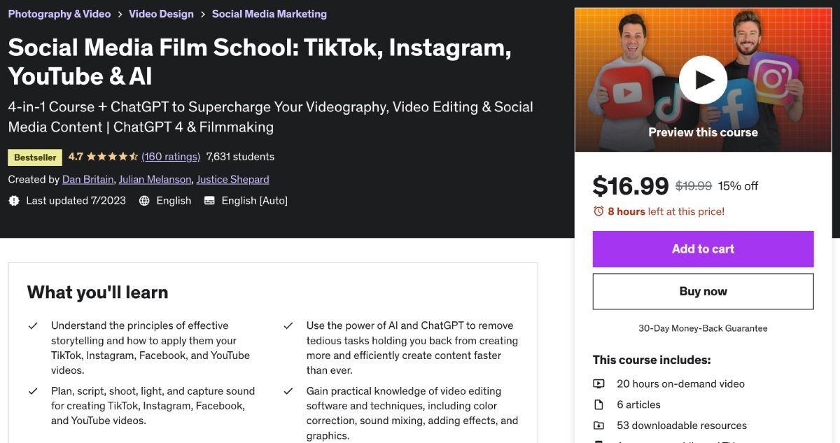 Social Media Film School Udemy course details