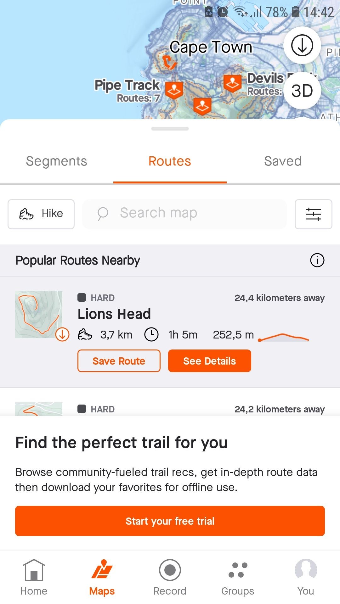 Strava lộ trình tập luyện trên điện thoại Android