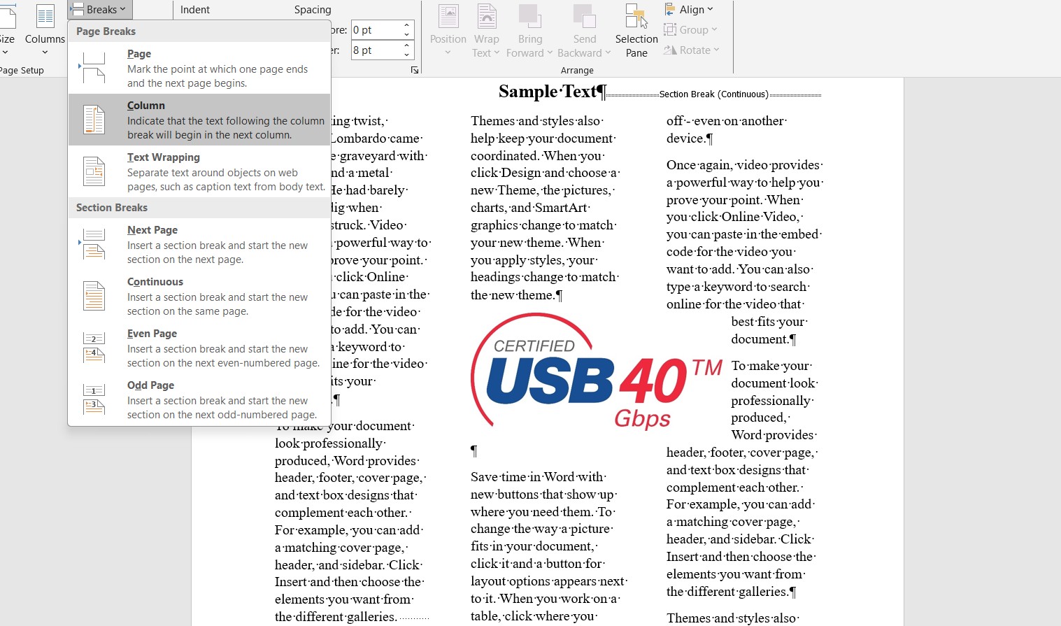 Sử dụng column breaks trong Microsoft Word