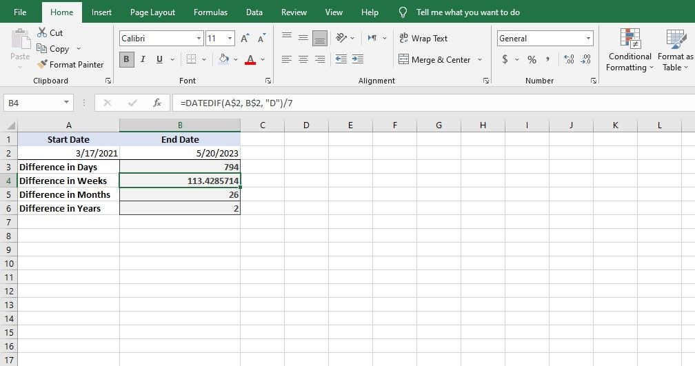 Sử dụng DATEDIF với các đơn vị đơn giản trong Excel