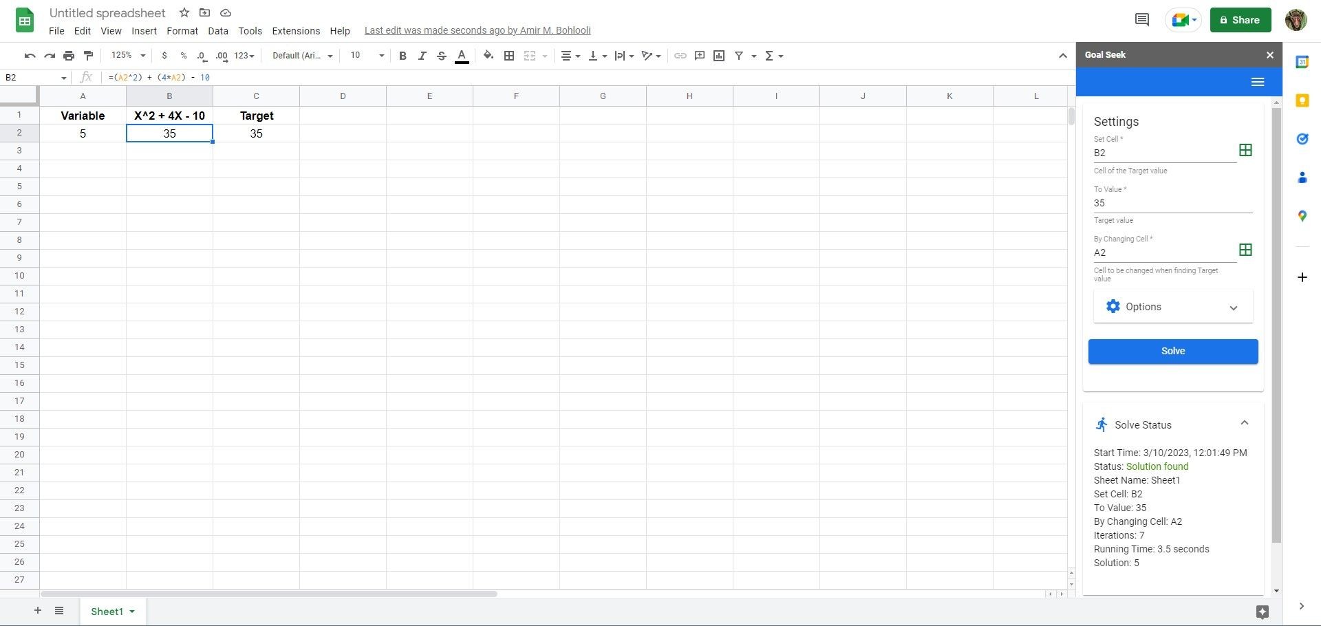 Sử dụng Goal Seek trong Google Sheets