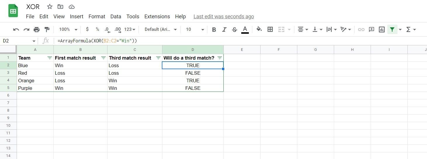 Sử dụng hàm XOR trong Google Sheets để xác định trận đấu thứ ba của giải đấu