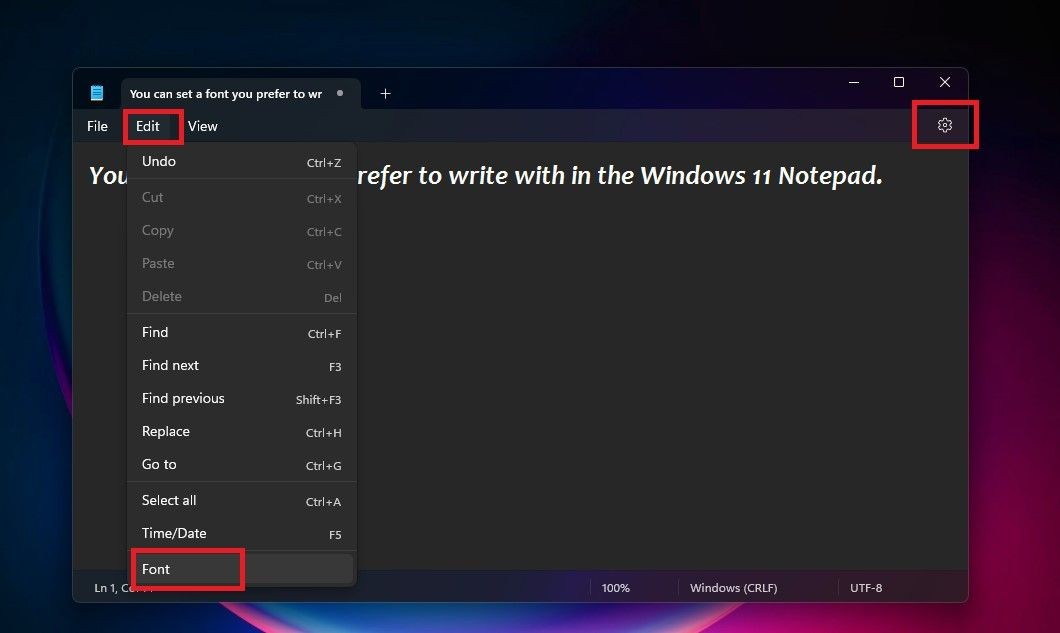 Sử dụng menu Edit hoặc biểu tượng Settings để cài đặt phông chữ