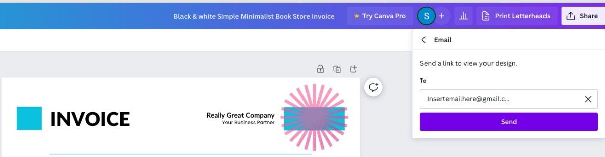 Sử dụng tùy chọn Chia Sẻ của Canva để gửi email hóa đơn