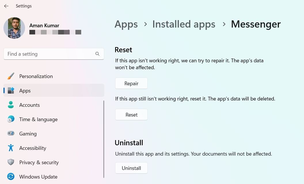 Sửa chữa Messenger trong Settings