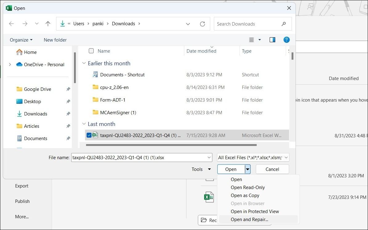 Sửa chữa tệp Excel