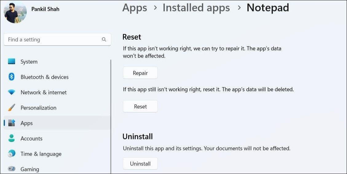 Sửa chữa ứng dụng Notepad trên Windows 11