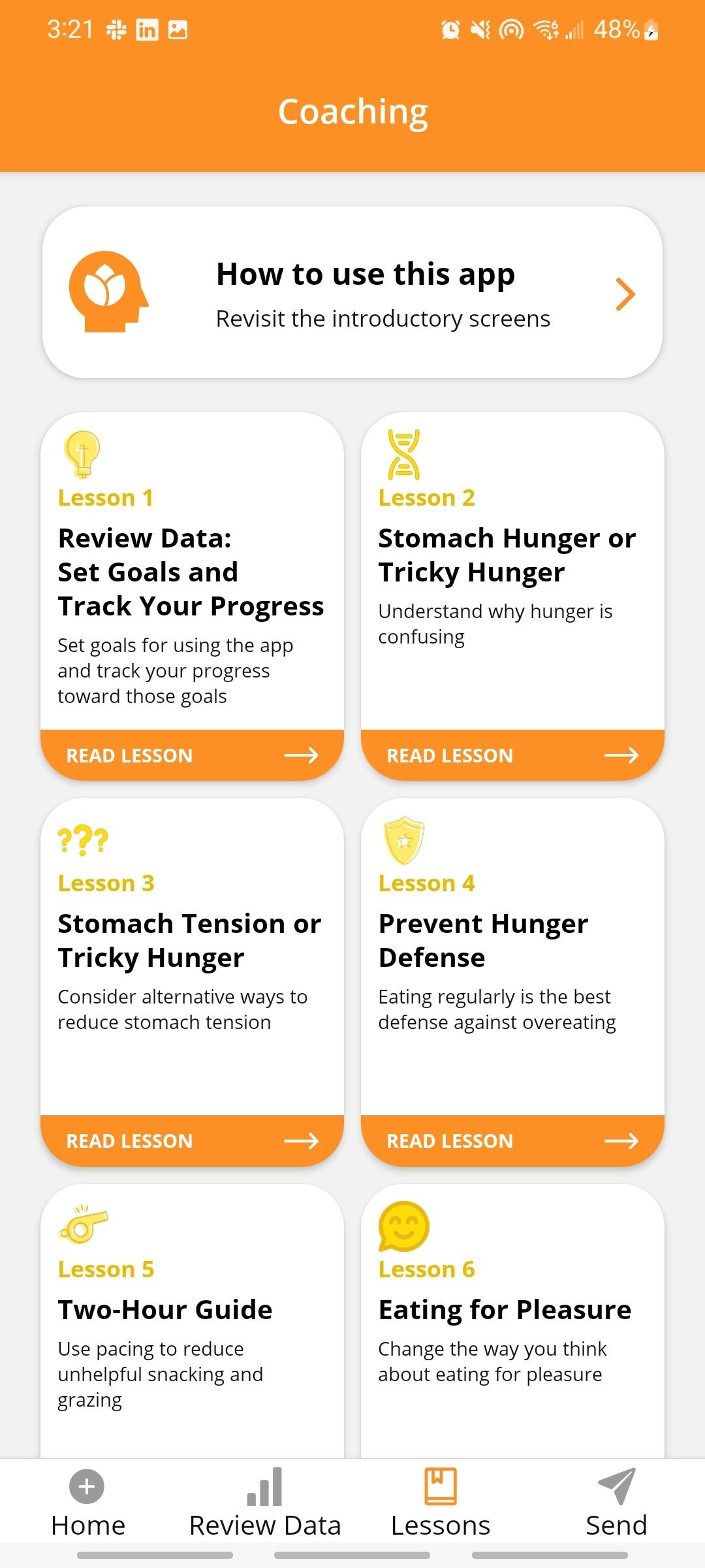 Tab bài học của Mindful Eating Coach nơi bạn có thể học