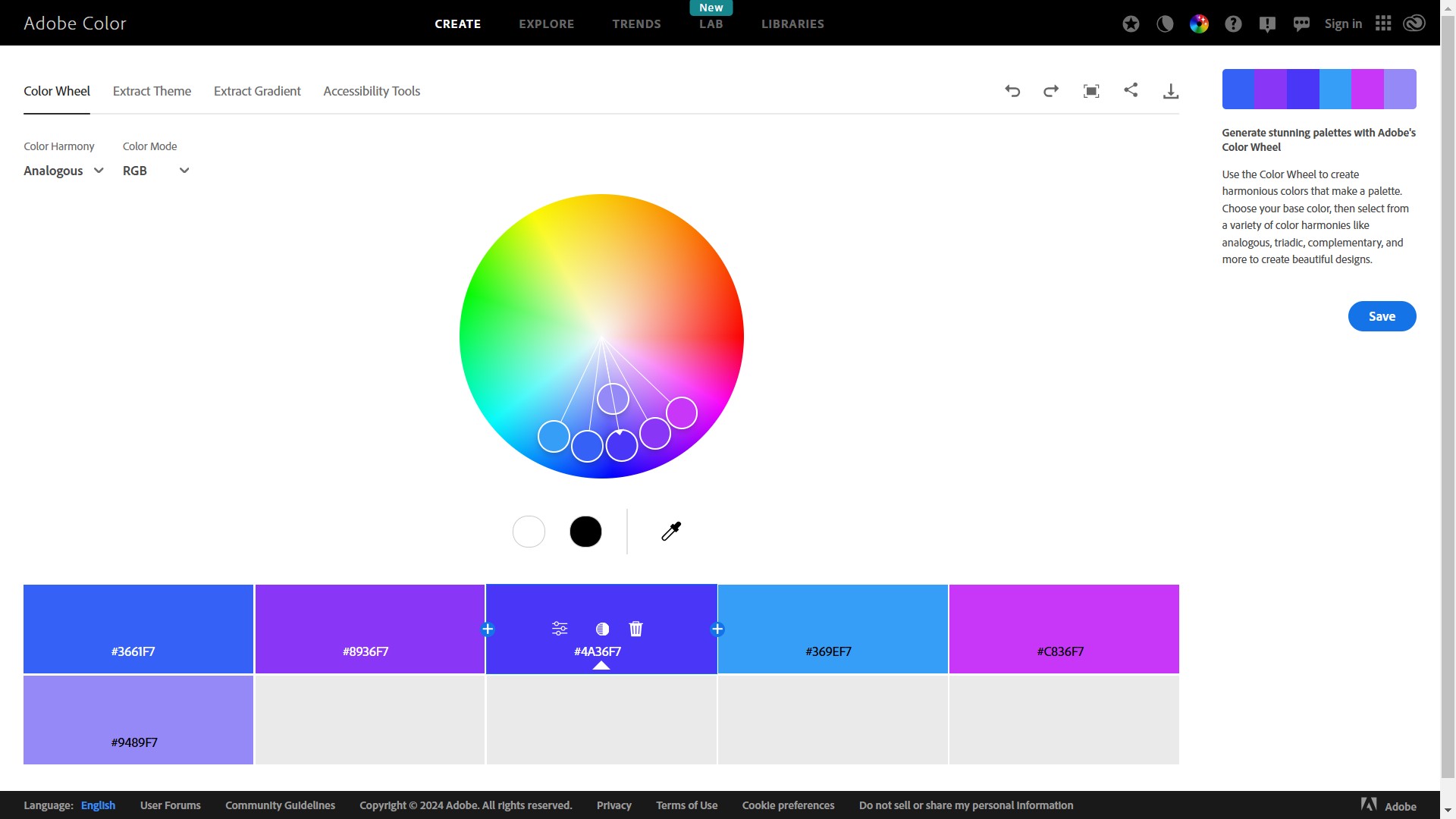 Tab bánh xe màu của Adobe Color