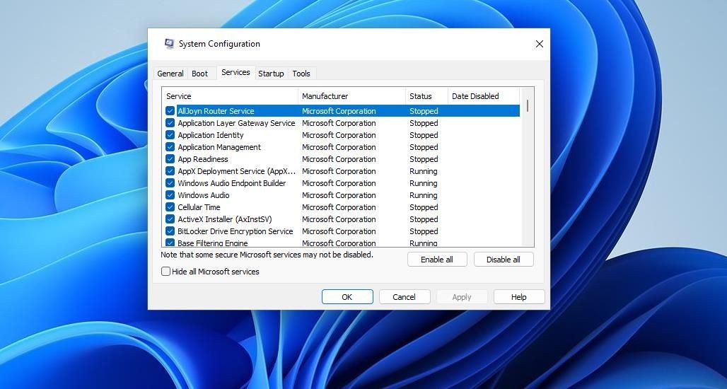 Tab Dịch vụ trong MSConfig