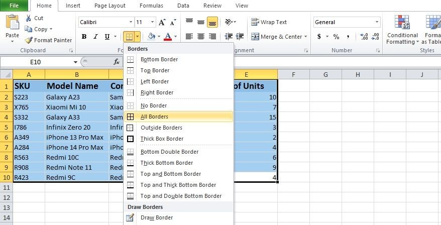 Tab đường viền trong Excel với tùy chọn thêm đường viền được làm nổi bật