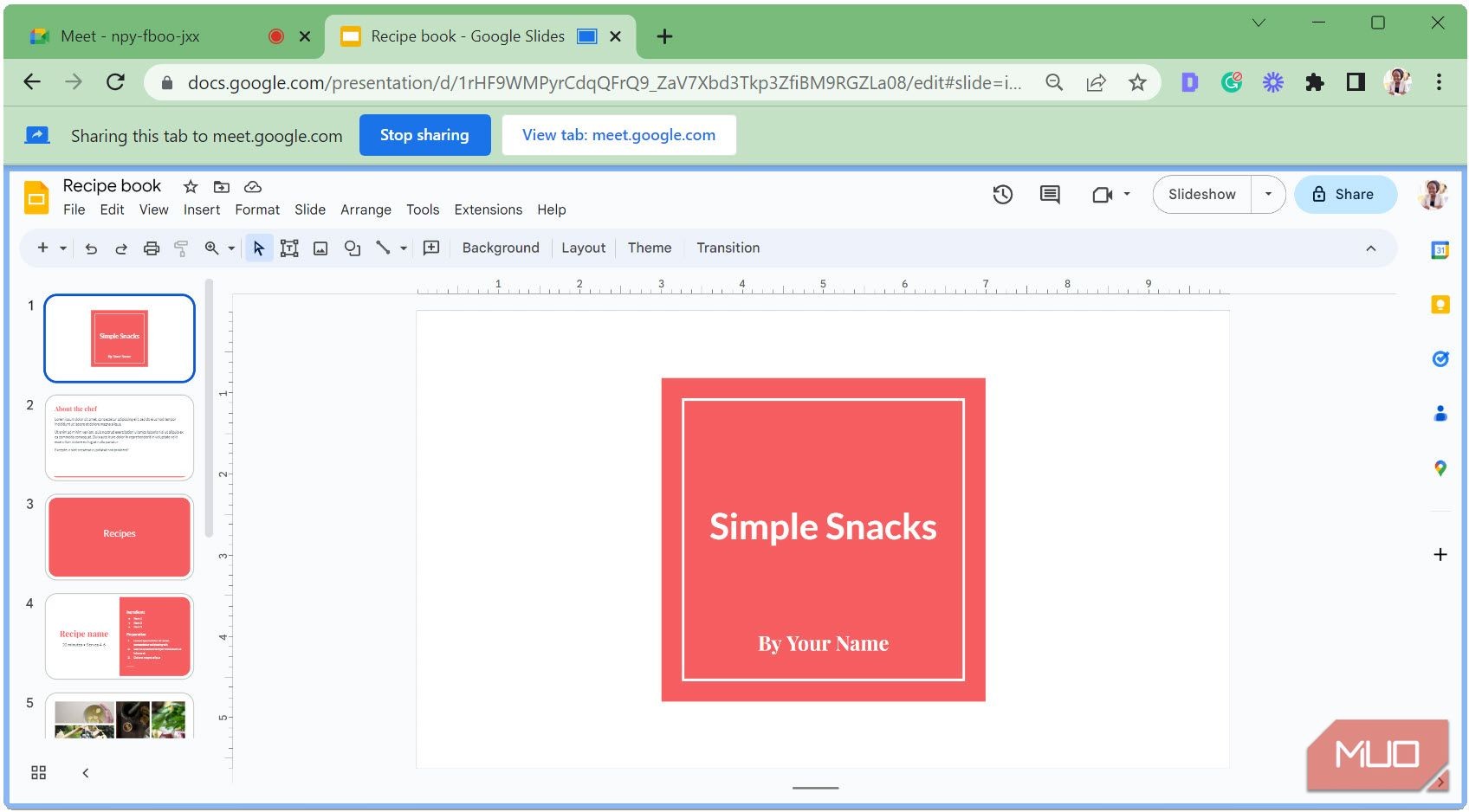 Tab Google Slides đang được chia sẻ trên Google Meet