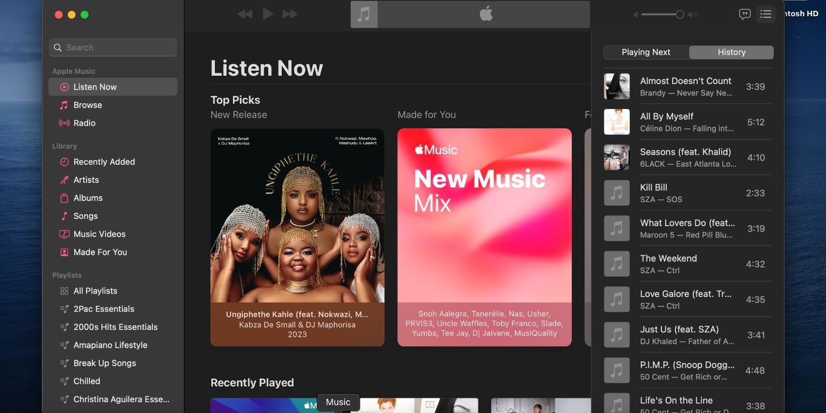Tab History được chọn trong ứng dụng Apple Music dành cho máy tính để bàn