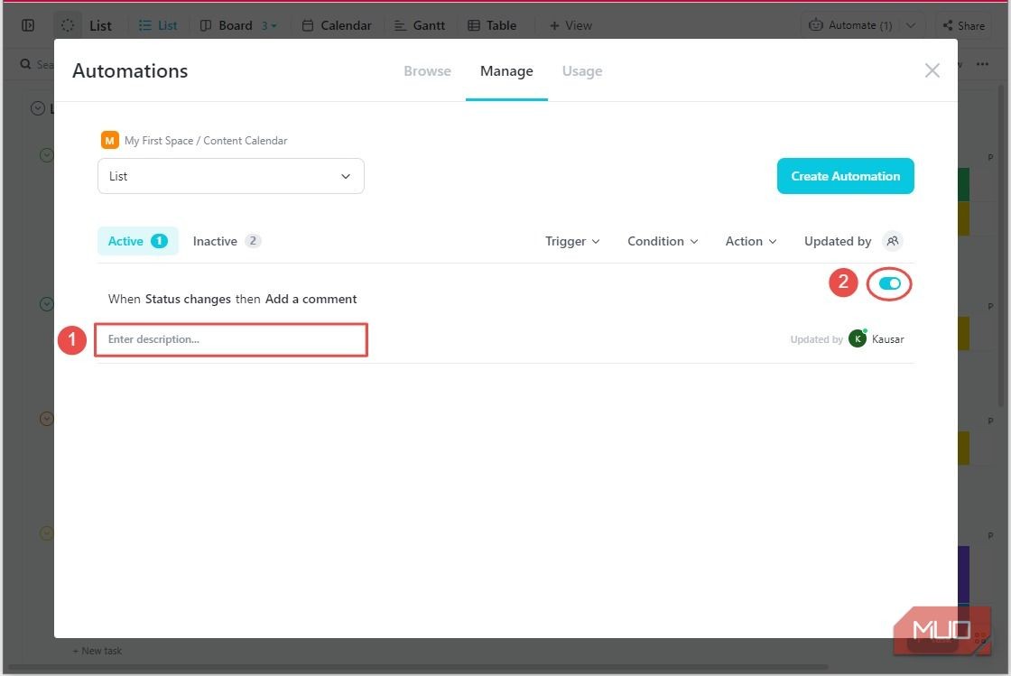 Tab Manage của tự động hóa ClickUp