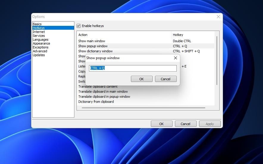 Tab Phím Tắt trong QTranslate