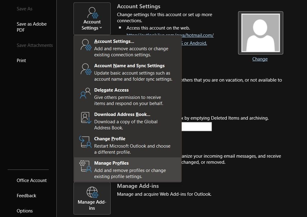 Tab Quản lý Hồ sơ trong Cài đặt Tài khoản Outlook