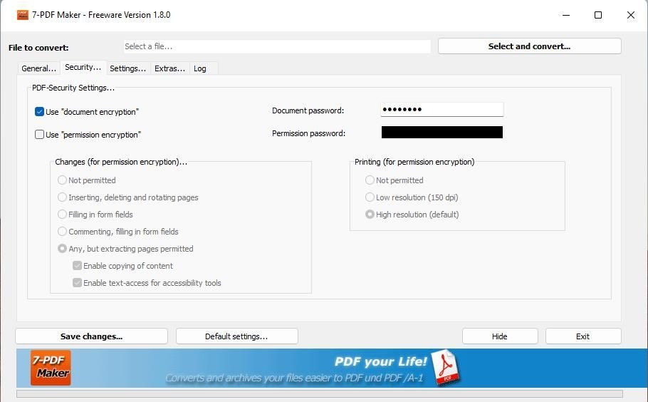 Tab Security trong 7-PDF Maker