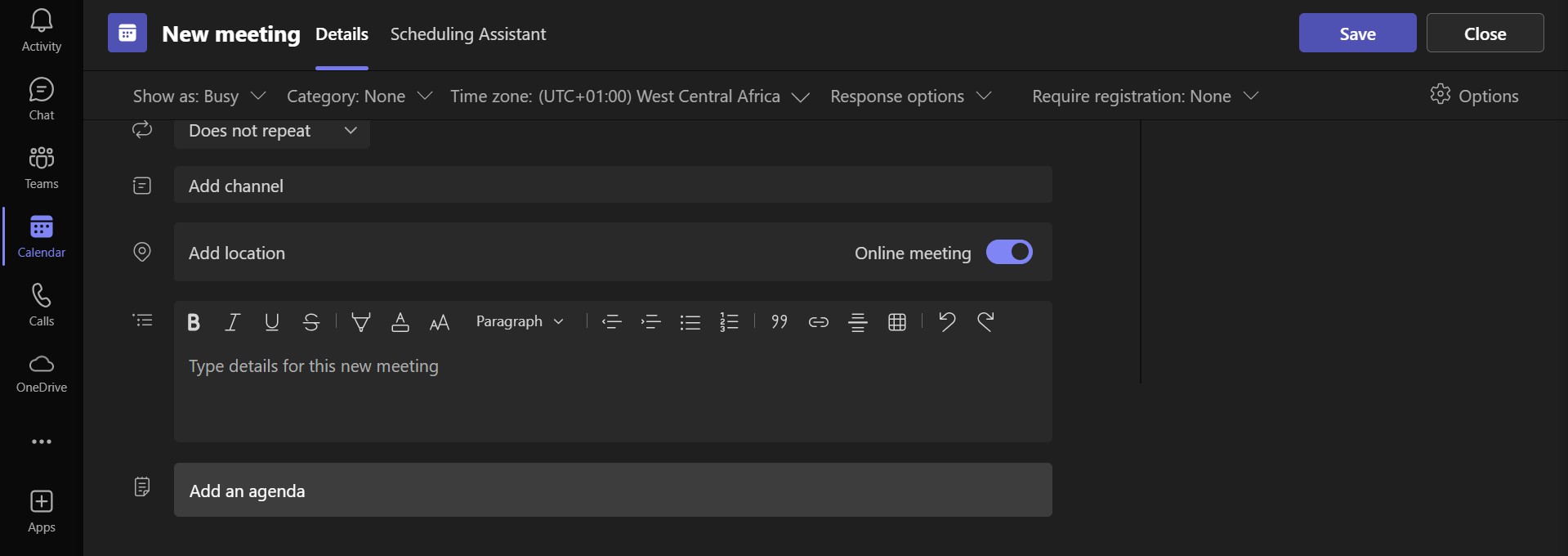 Tab Thêm chương trình nghị sự hiển thị dưới Lịch trình Cuộc họp Mới trong Lịch trong Microsoft Teams