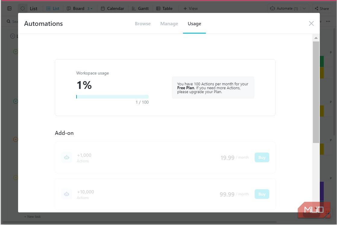 Tab Usage của tự động hóa ClickUp